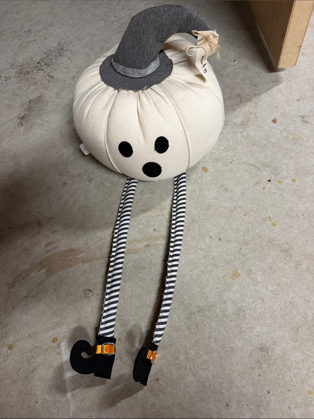 Mud Pie Cream Fabric Pumpkin with Gray Witch Hat and Striped Legs